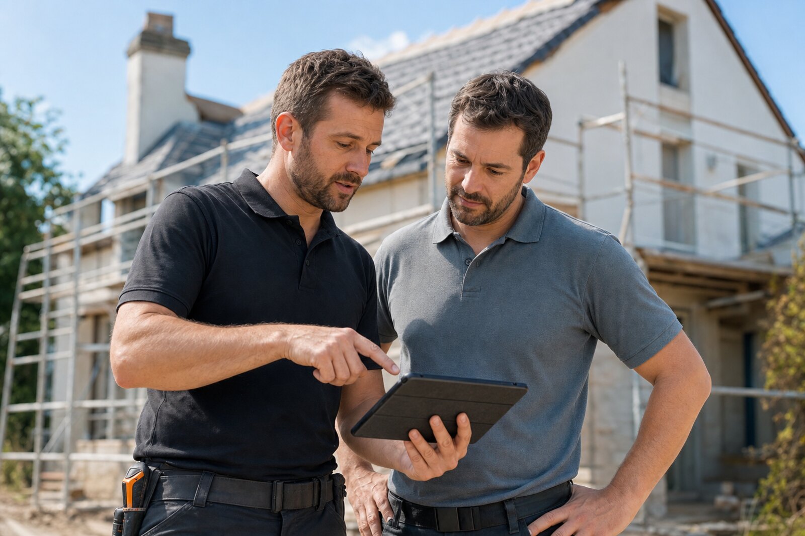 Deux techniciens Home Invest étudiant un plan sur un chantier